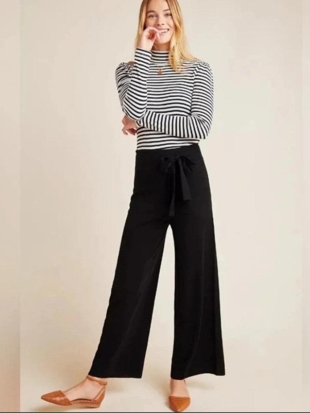 Anthropologie Wide Leg Tie Sweater Pants Black